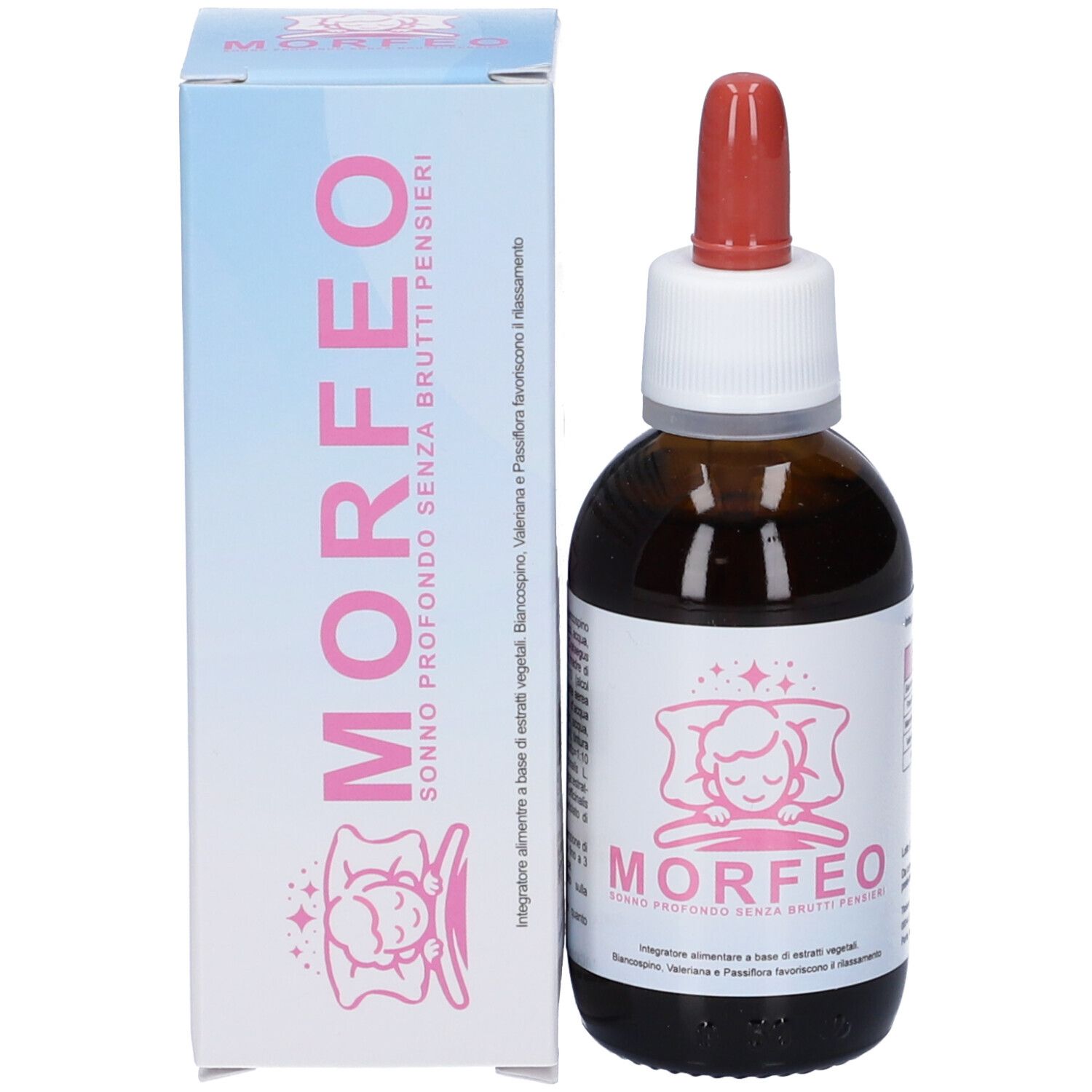 Flacone di vetro marrone con contagocce e scatola. Etichetta con testo e logo MORFEO. Contagocce rosso.
