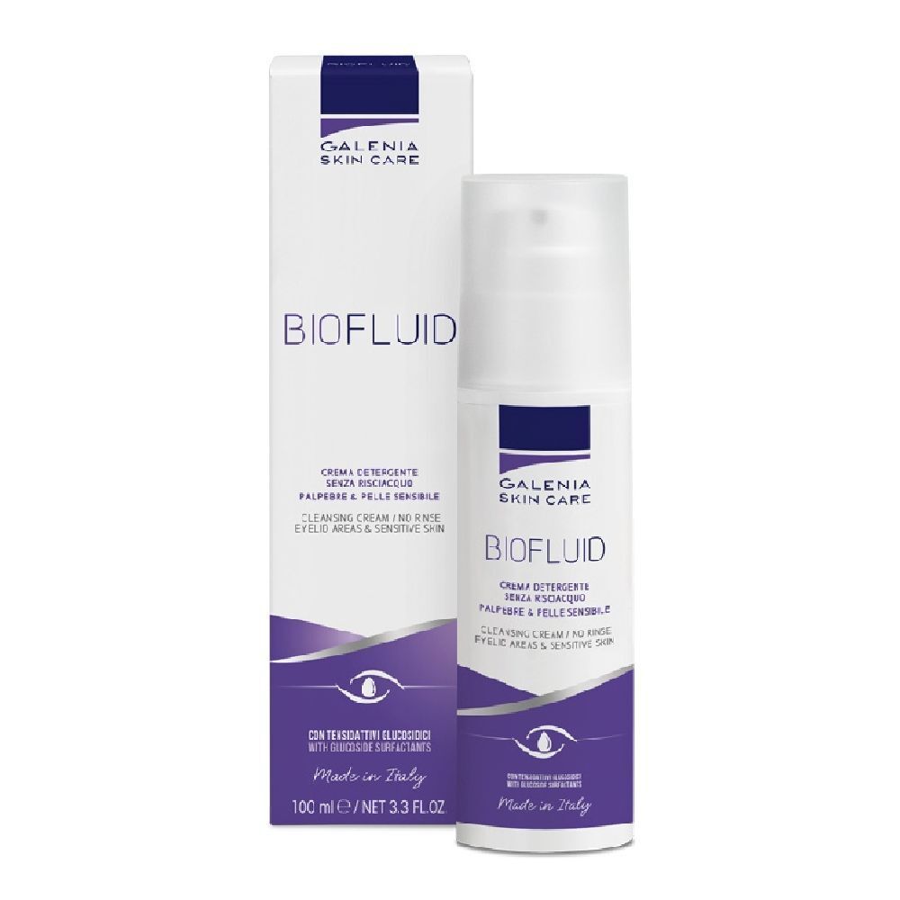 Flacone bianco con dosatore e scatola. Scritta: BIOFLUID, Galenia Skin Care. Testo crema, motivo occhio.