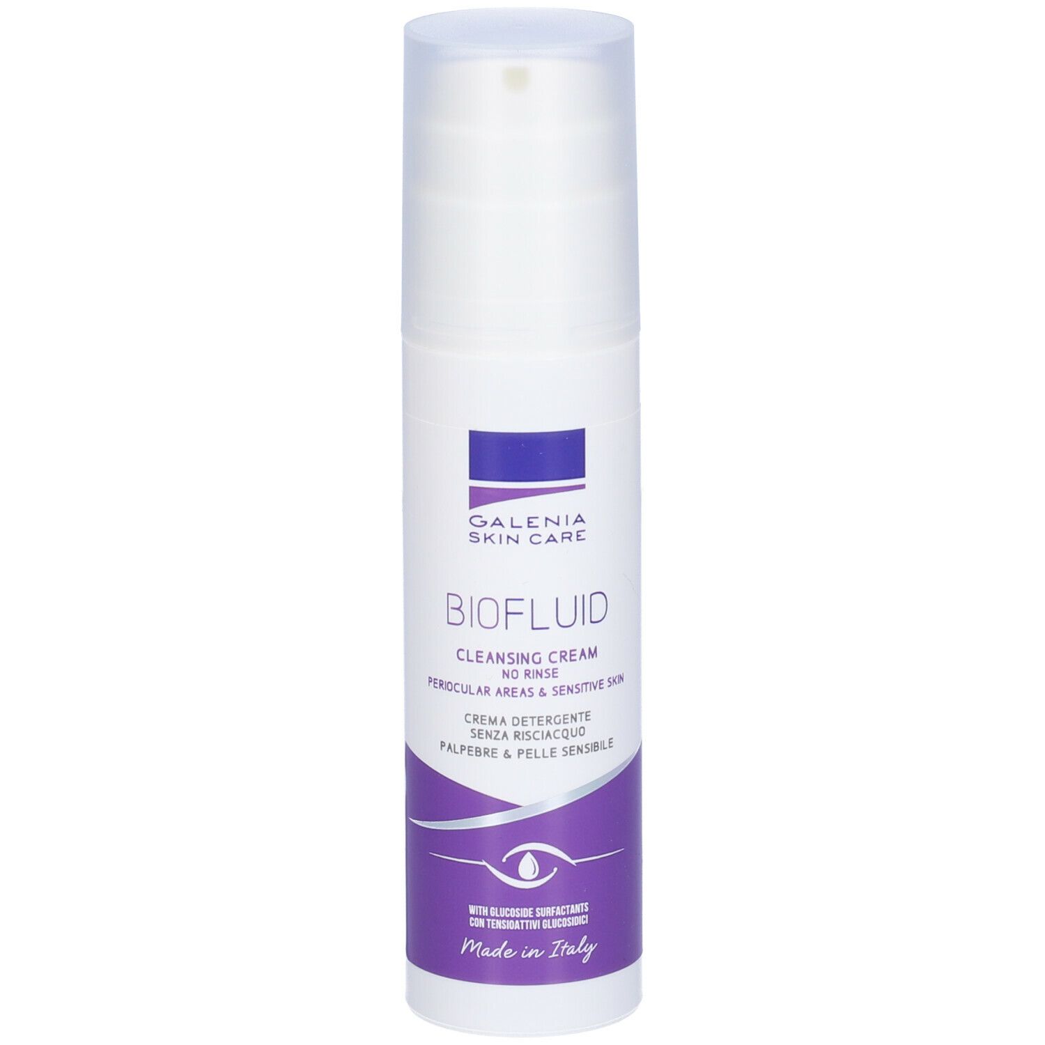 Flacone bianco con dosatore. Scritta: BIOFLUID, Galenia Skin Care. Testo crema, motivo occhio. Made in Italy.
