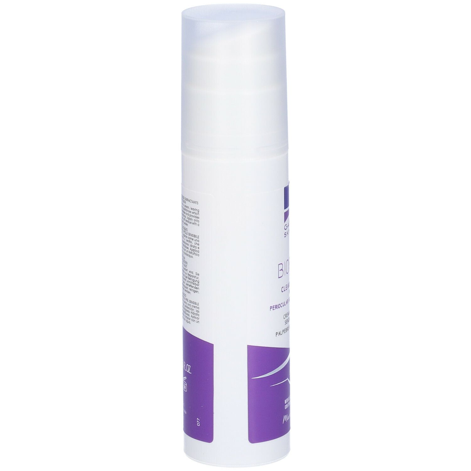 Flacone bianco con dosatore. Scritta: BIOFLUID, Galenia Skin Care. Testo crema, motivo occhio. Made in Italy.