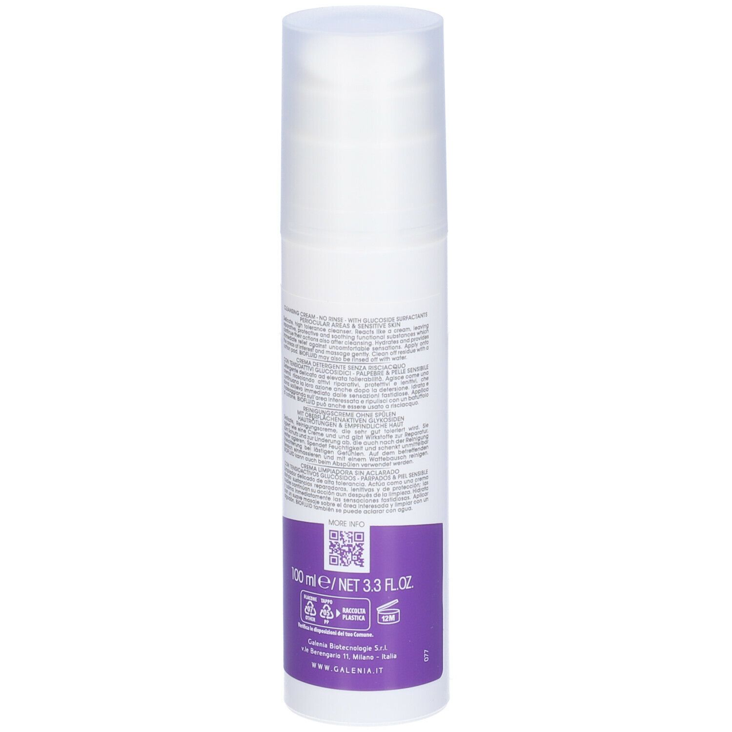 Flacone bianco con dosatore. Scritta: BIOFLUID, Galenia Skin Care. Testo crema, motivo occhio. Made in Italy.