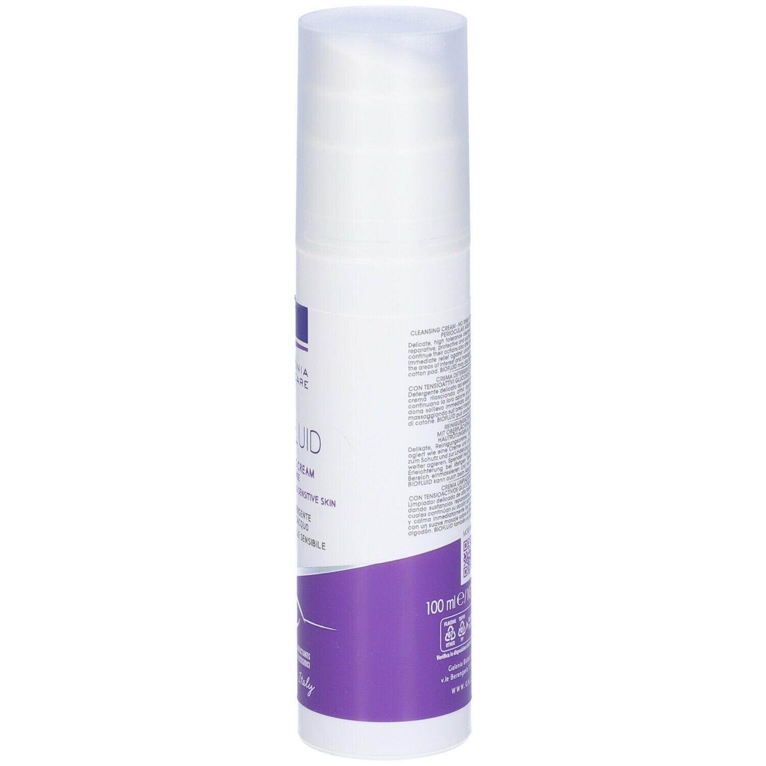Flacone bianco con dosatore. Scritta: BIOFLUID, Galenia Skin Care. Testo crema, motivo occhio. Made in Italy.