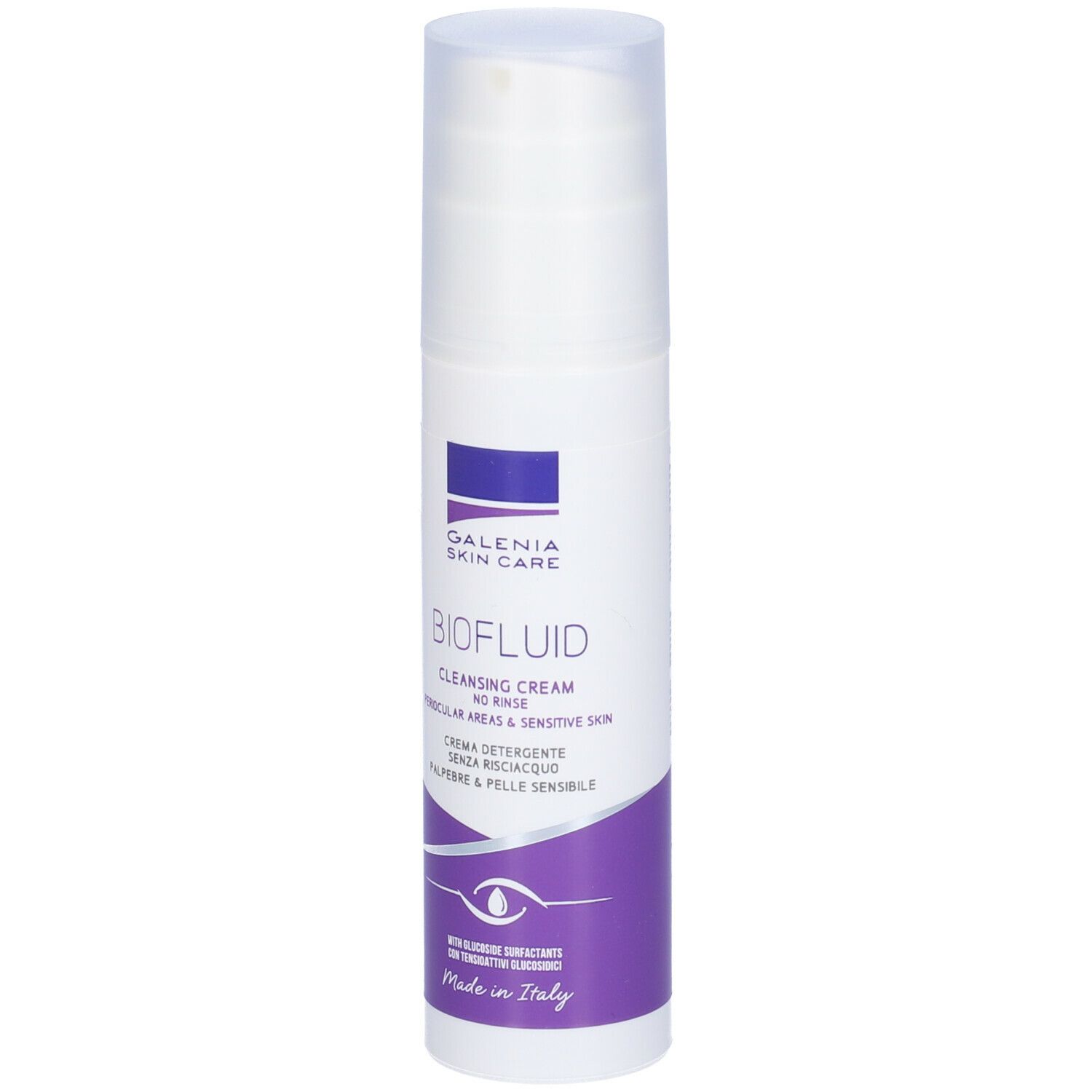 Flacone bianco con dosatore. Scritta: BIOFLUID, Galenia Skin Care. Testo crema, motivo occhio. Made in Italy.