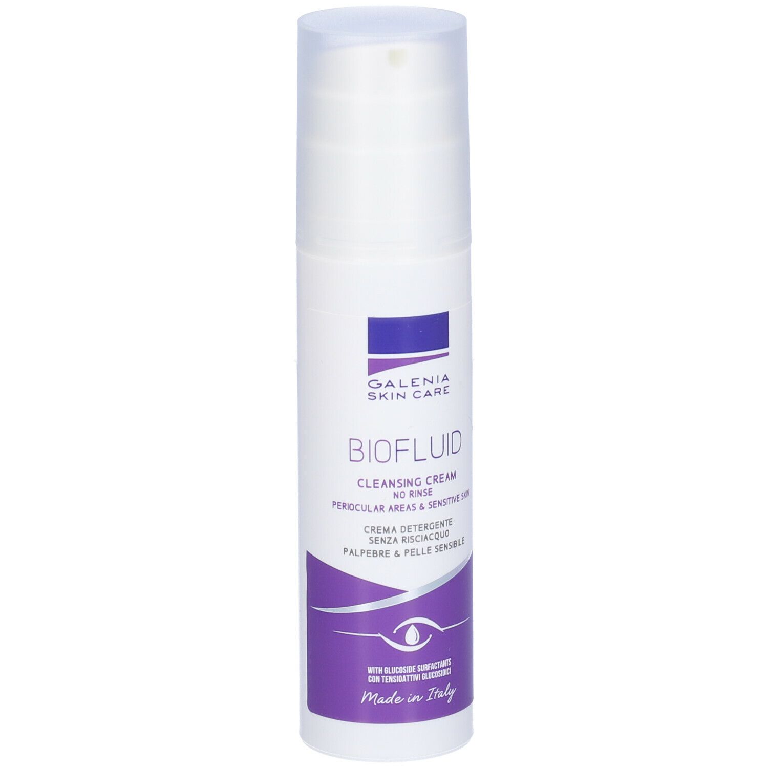 Flacone bianco con dosatore. Scritta: BIOFLUID, Galenia Skin Care. Testo crema, motivo occhio. Made in Italy.