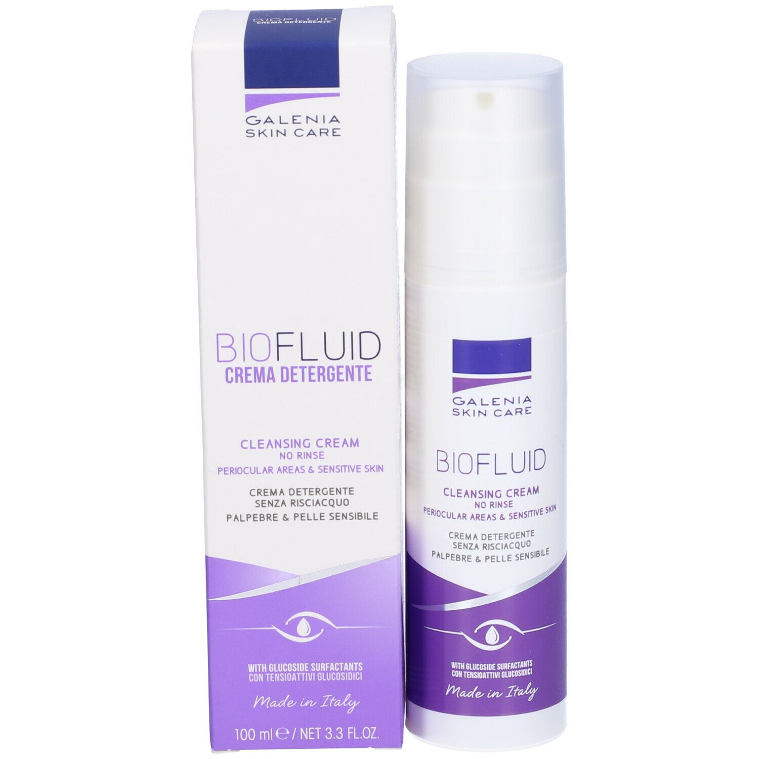 Flacone bianco con dosatore e scatola. Scritta: BIOFLUID, Galenia Skin Care. Testo crema, motivo occhio.