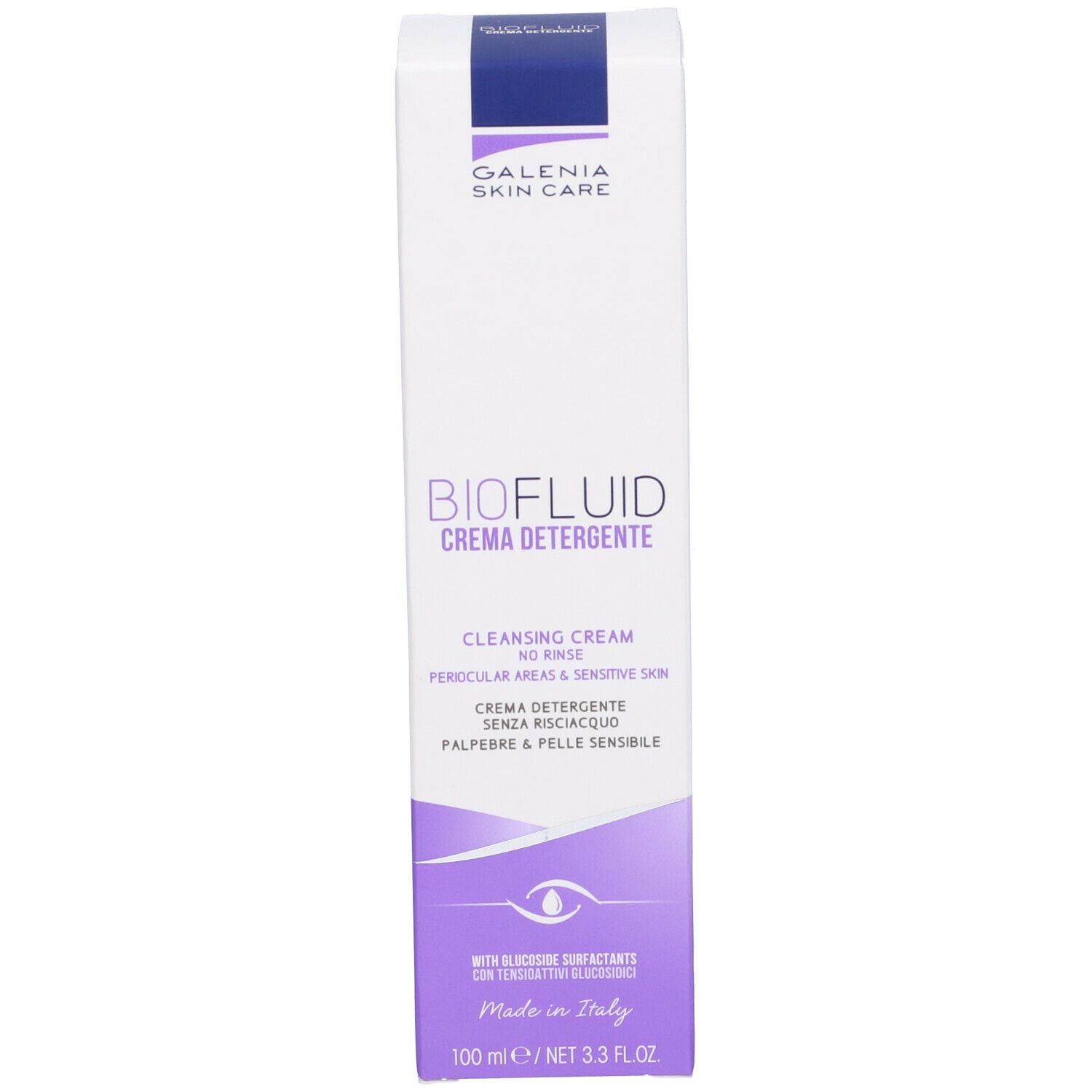 Confezione lunga bianca. Scritta: BIOFLUID, Galenia Skin Care. Testo crema, motivo occhio. Made in Italy.