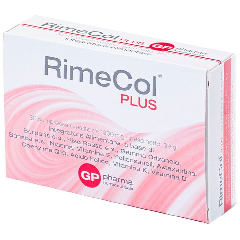 Scatola bianca "RimeCol PLUS". Contiene 30 compresse. Marchio "GP pharma nutraceuticals".