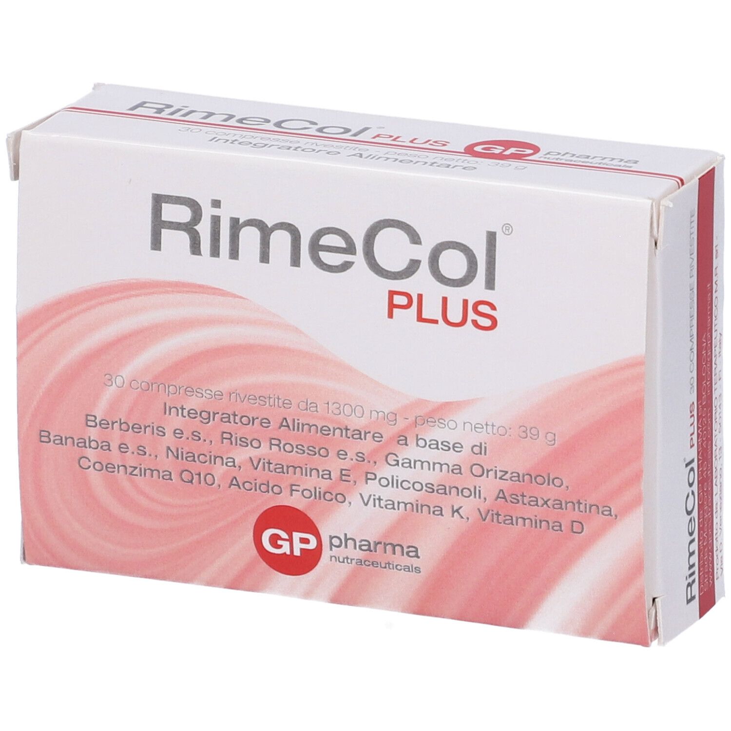 Scatola bianca "RimeCol PLUS". Contiene 30 compresse. Marchio "GP pharma nutraceuticals".