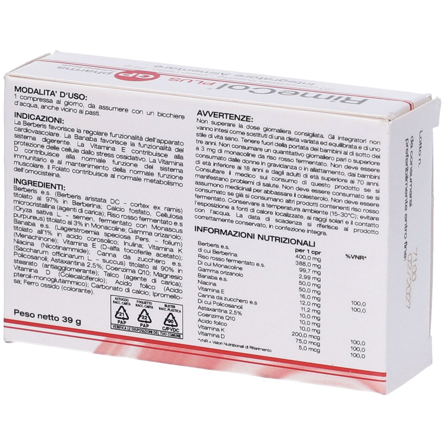 Retro della scatola "RimeCol PLUS" con testo e ingredienti. Marchio "GP pharma nutraceuticals".