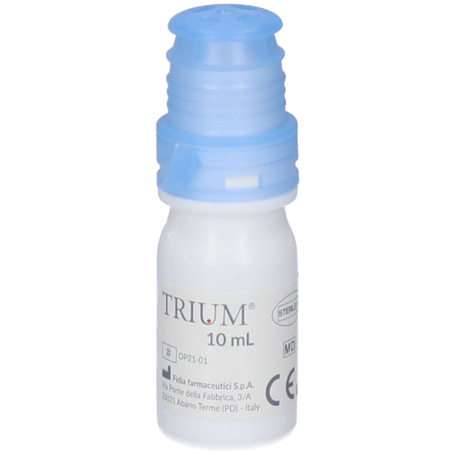 Trium Augentropfen: Flasche mit Etikett, das Marke, Volumen und Hersteller zeigt.