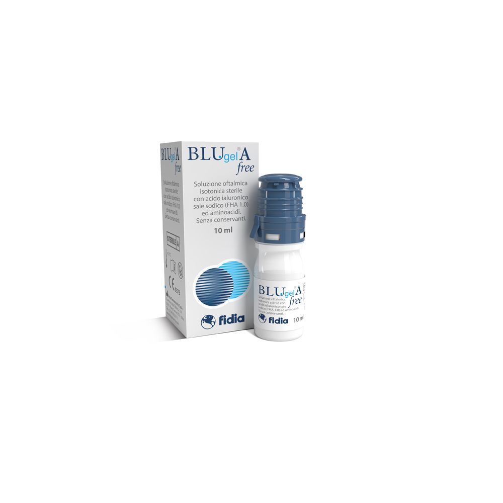 Fidia BLUgel A free collirio, flacone e confezione. Flacone bianco con tappo blu, confezione con logo e testo.