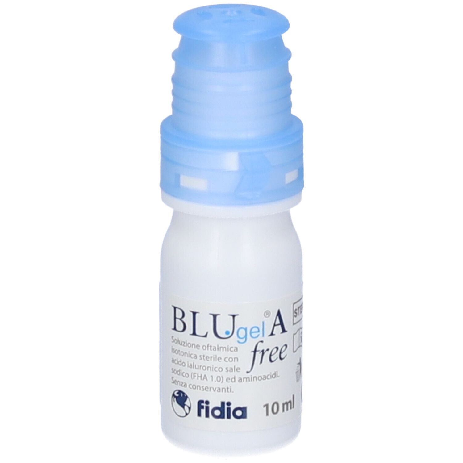 Flacone di collirio Fidia BLUgel A free. Flacone bianco con tappo blu. Testo: BLUgel A free, fida, 10 ml.