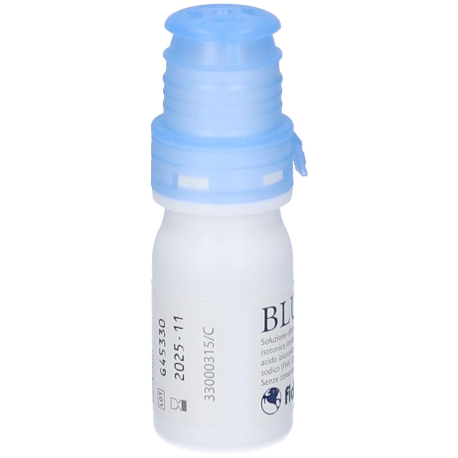 Flacone di collirio Fidia BLUgel A free. Flacone bianco con tappo blu. Testo e numero di lotto.