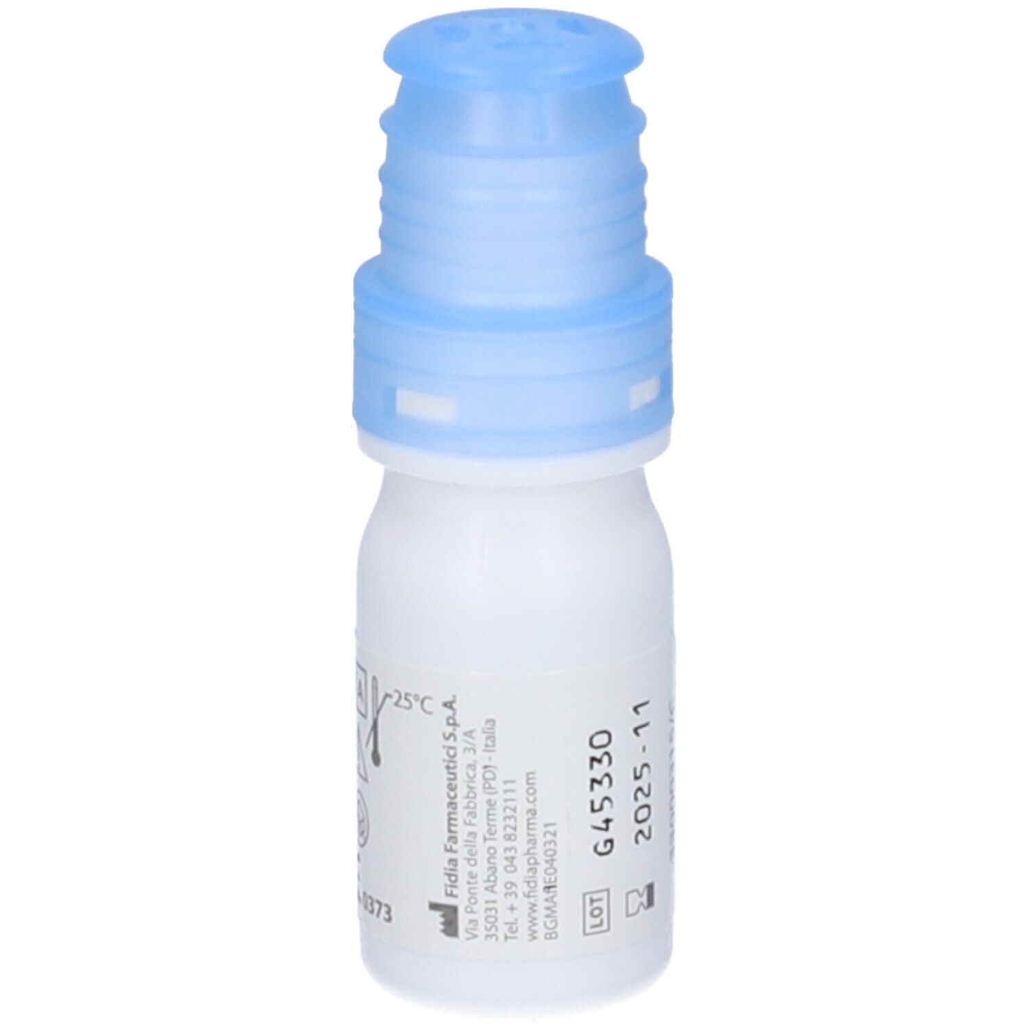 Flacone di collirio Fidia BLUgel A free. Flacone bianco con tappo blu. Testo e data di scadenza.