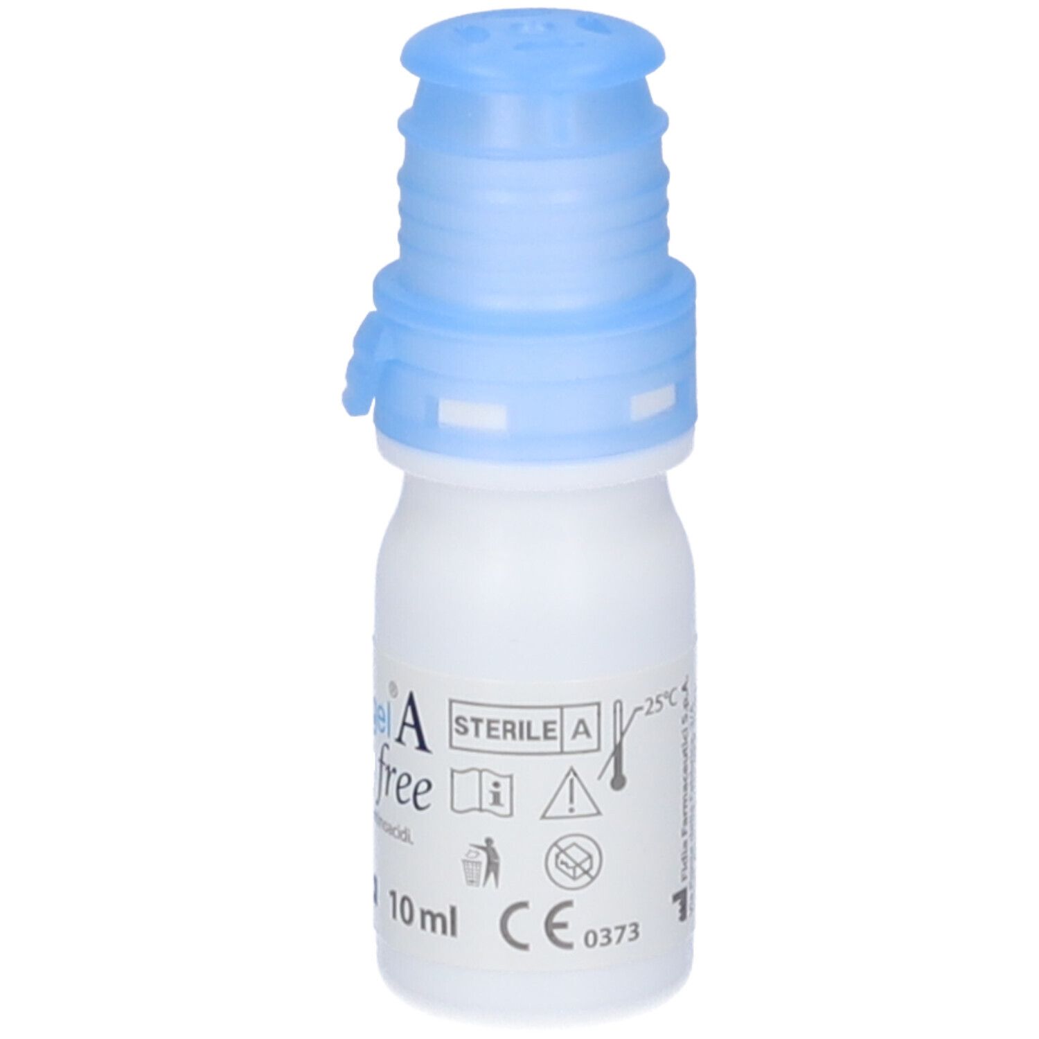 Flacone di collirio Fidia BLUgel A free. Flacone bianco con tappo blu. Testo e simboli.