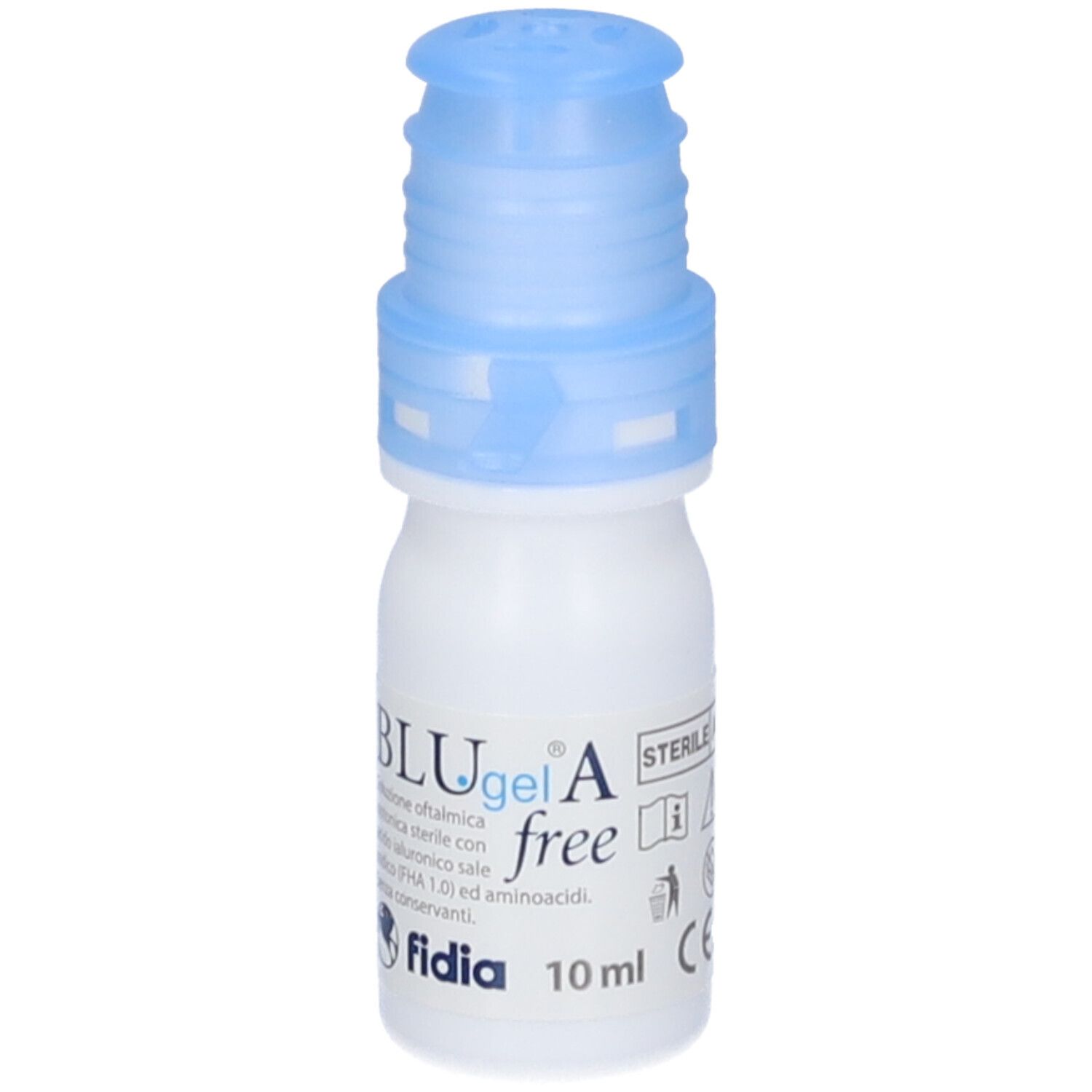 Flacone di collirio Fidia BLUgel A free. Flacone bianco con tappo blu. Testo: BLUgel A free, fida, 10 ml.