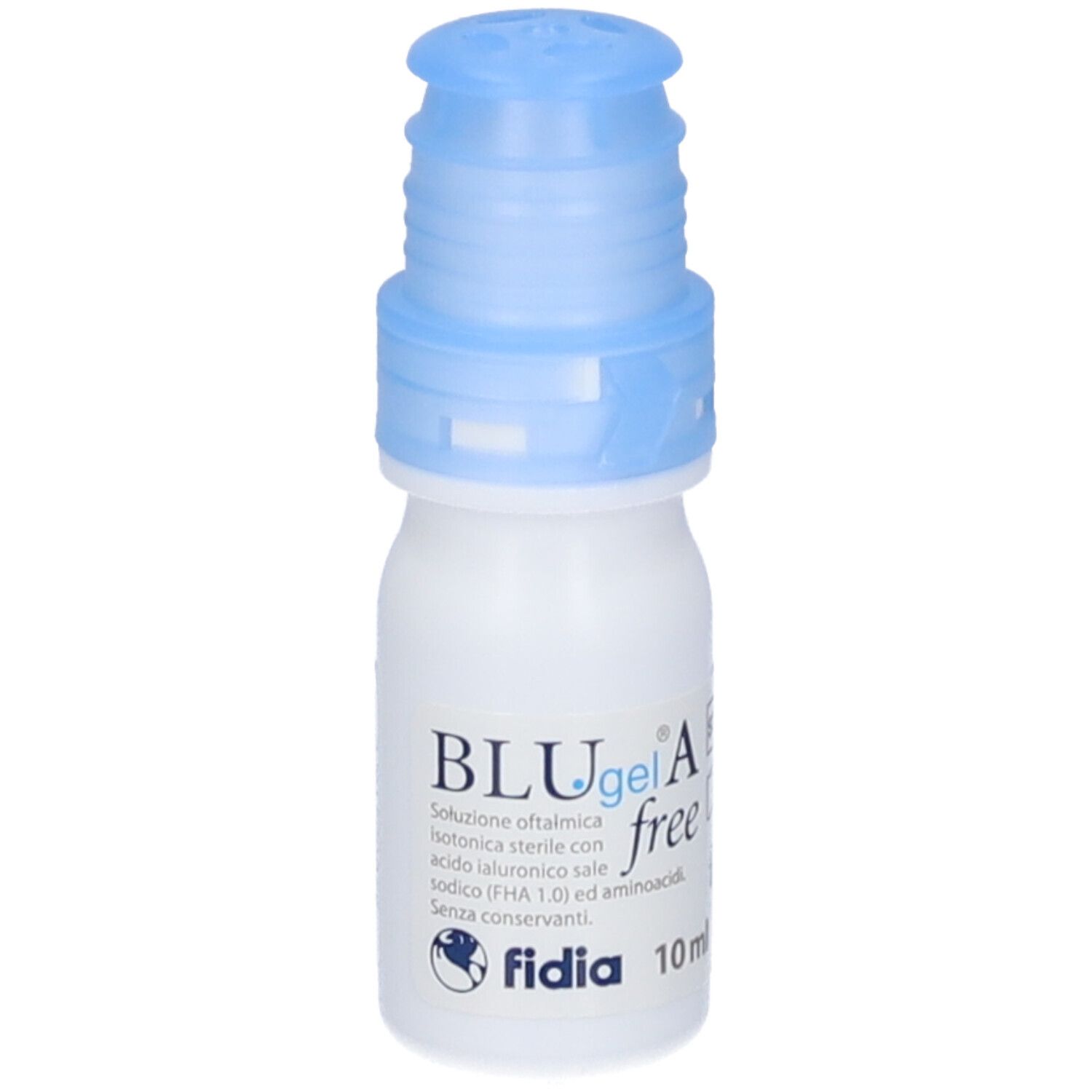 Flacone di collirio Fidia BLUgel A free. Flacone bianco con tappo blu. Testo: BLUgel A free, fida, 10 ml.