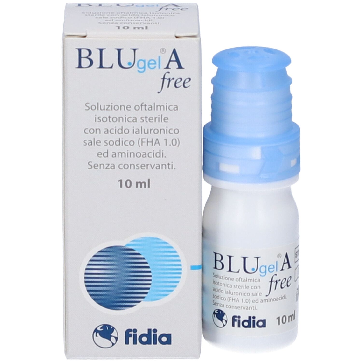 Fidia BLUgel A free collirio, flacone e confezione. Flacone bianco con tappo blu, confezione con testo.