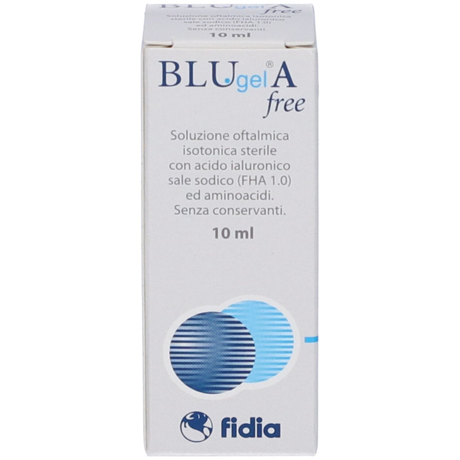 Fidia BLUgel A free collirio, confezione. Confezione bianca con logo blu e testo. 10 ml.