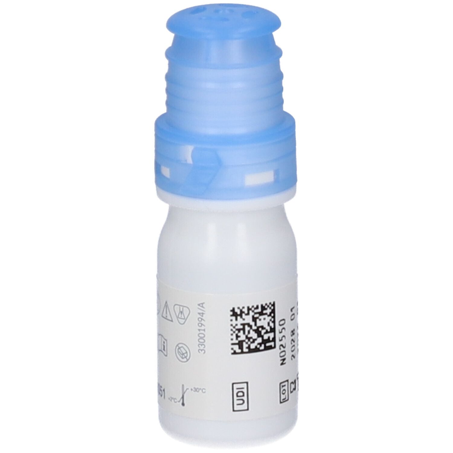 Weiße Flasche mit blauem Verschluss. BLUyal, 10 ml. Produktionsdaten.