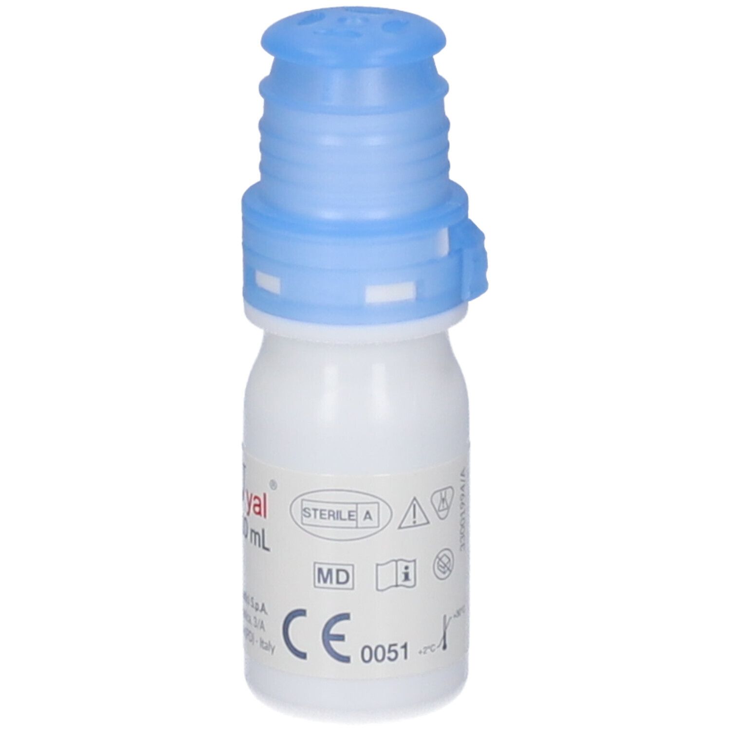 Weiße Flasche mit blauem Verschluss. BLUyal, 10 ml. Produktionsdaten.