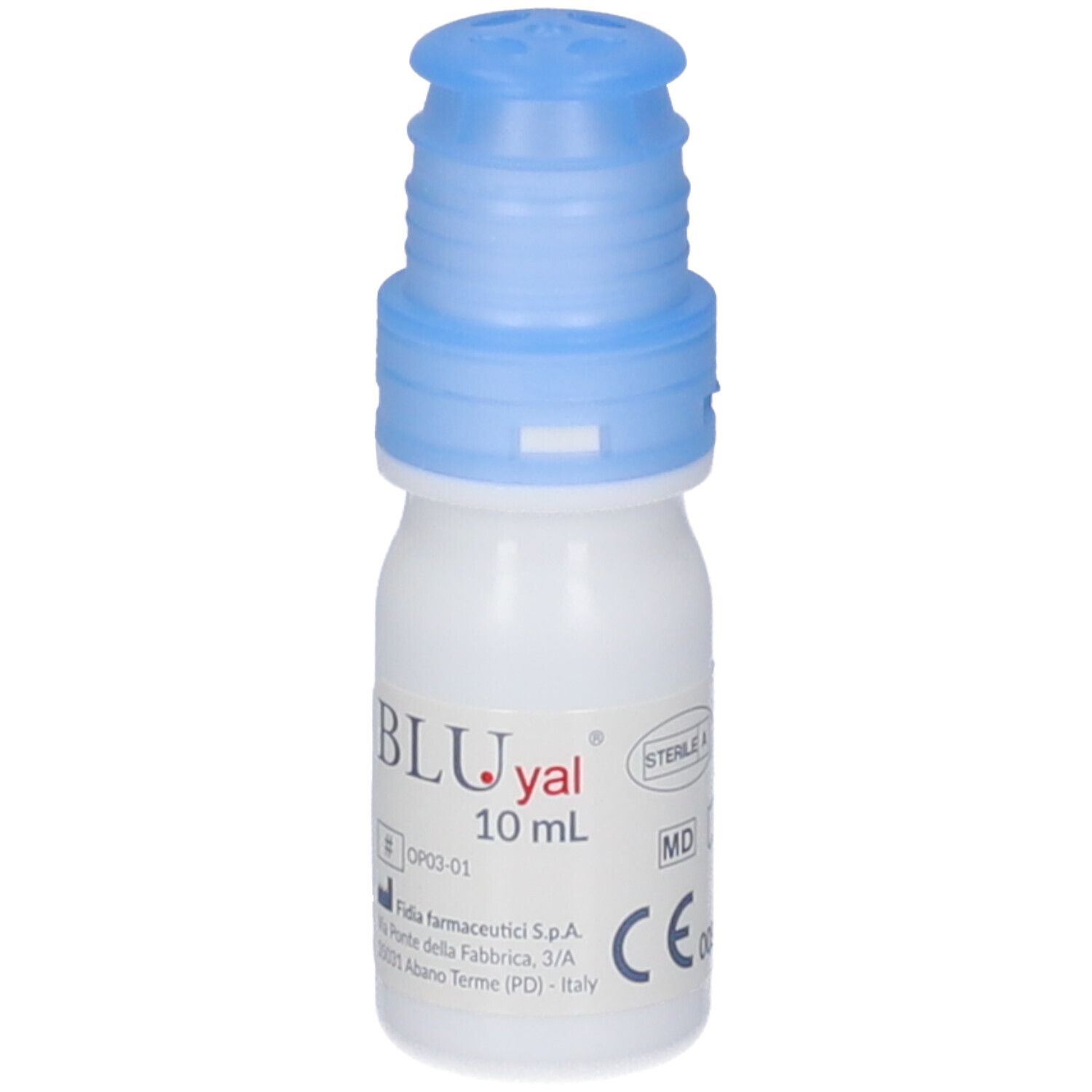 Weiße Flasche mit blauem Verschluss. BLUyal A free, 10 ml. Fidia Logo.