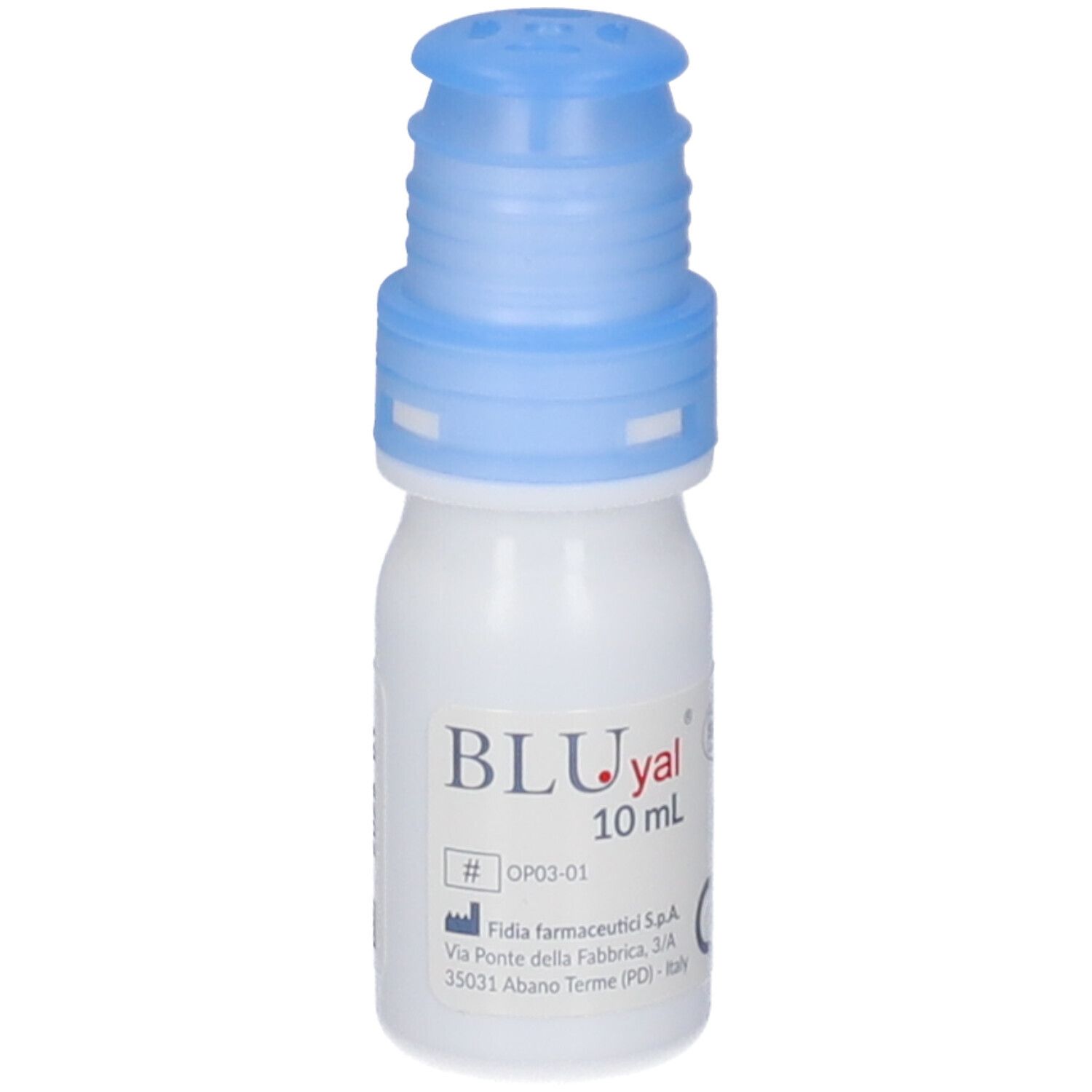 Weiße Flasche mit blauem Verschluss. BLUyal A free, 10 ml. Fidia Logo.
