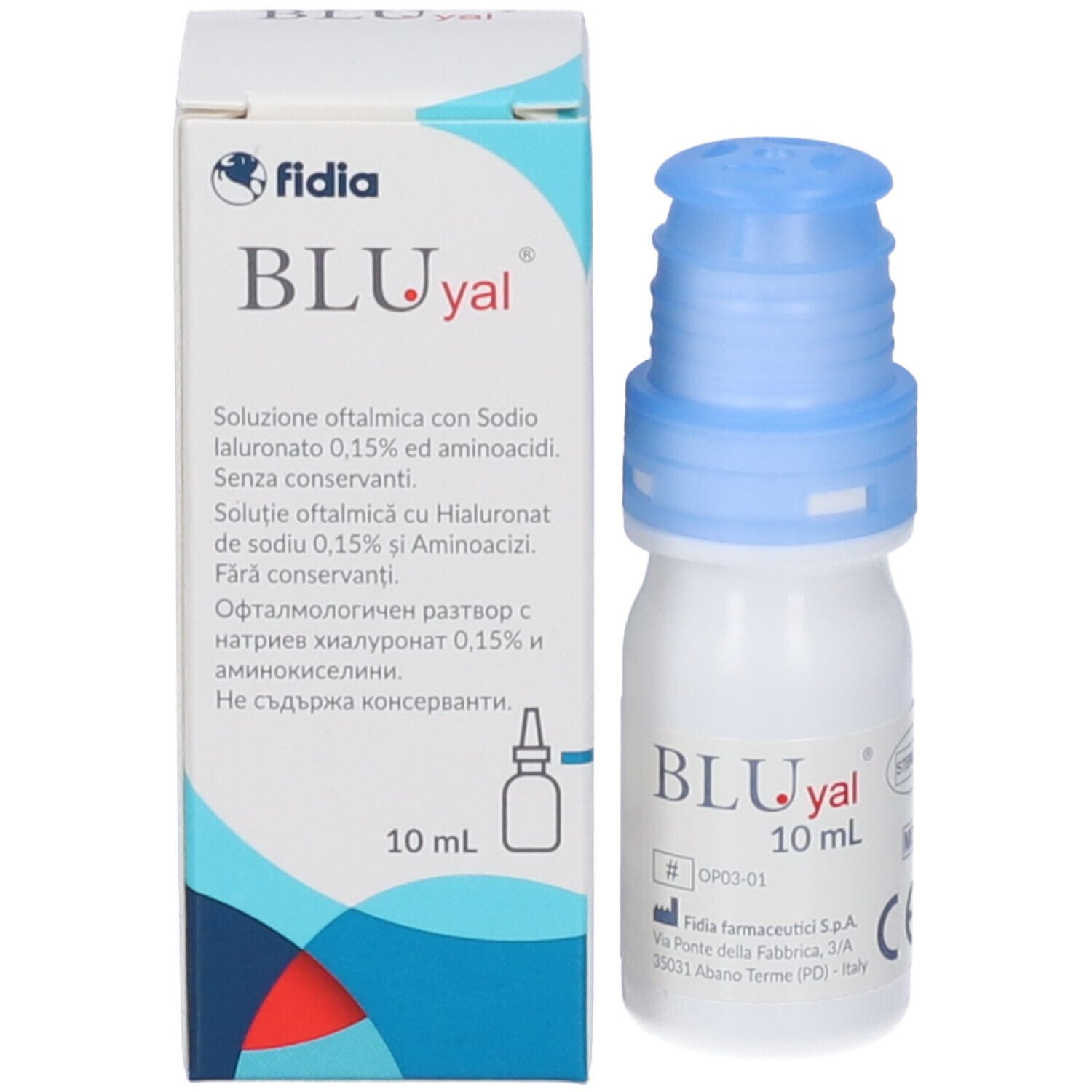 Karton und Flasche BLUyal, 10 ml. Fidia Logo. Flasche mit blauem Verschluss.