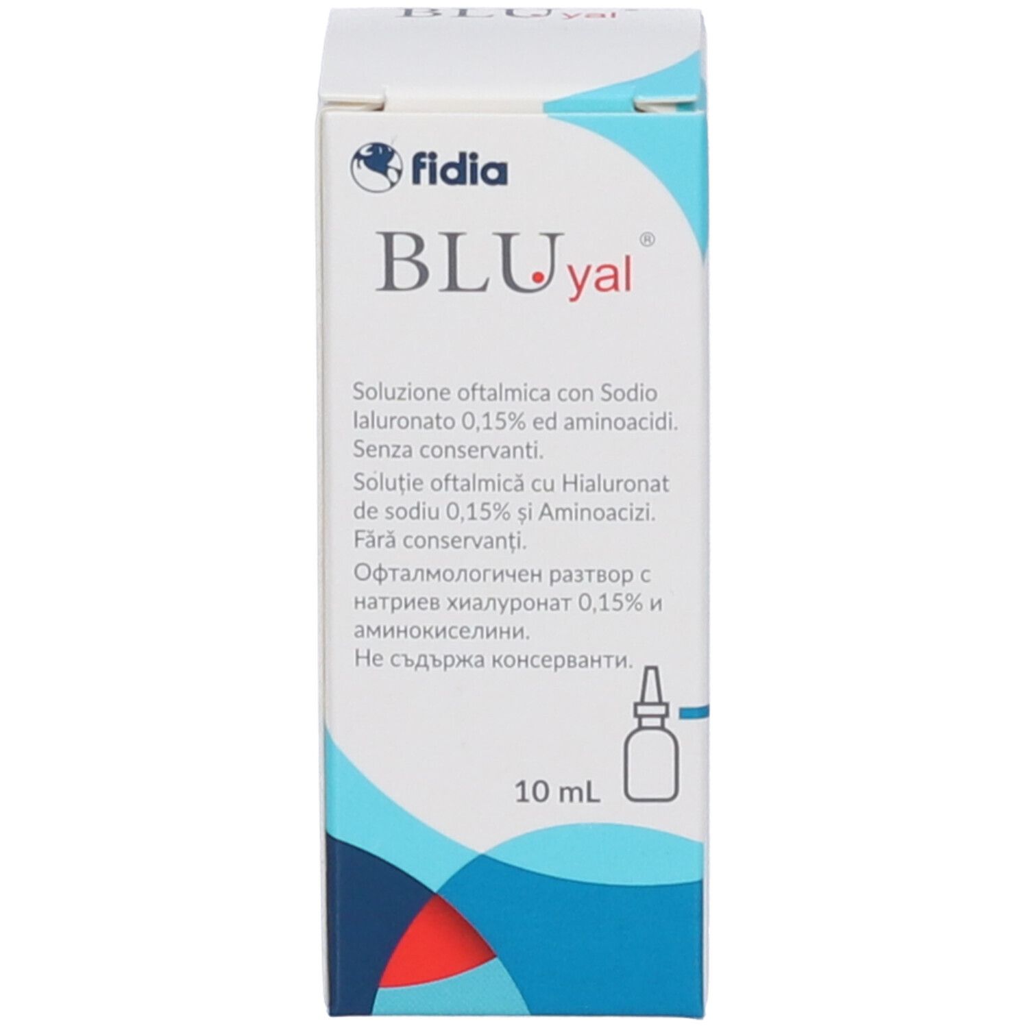Karton von BLUyal Augentropfen, 10 ml. Fidia Logo. Text in mehreren Sprachen.