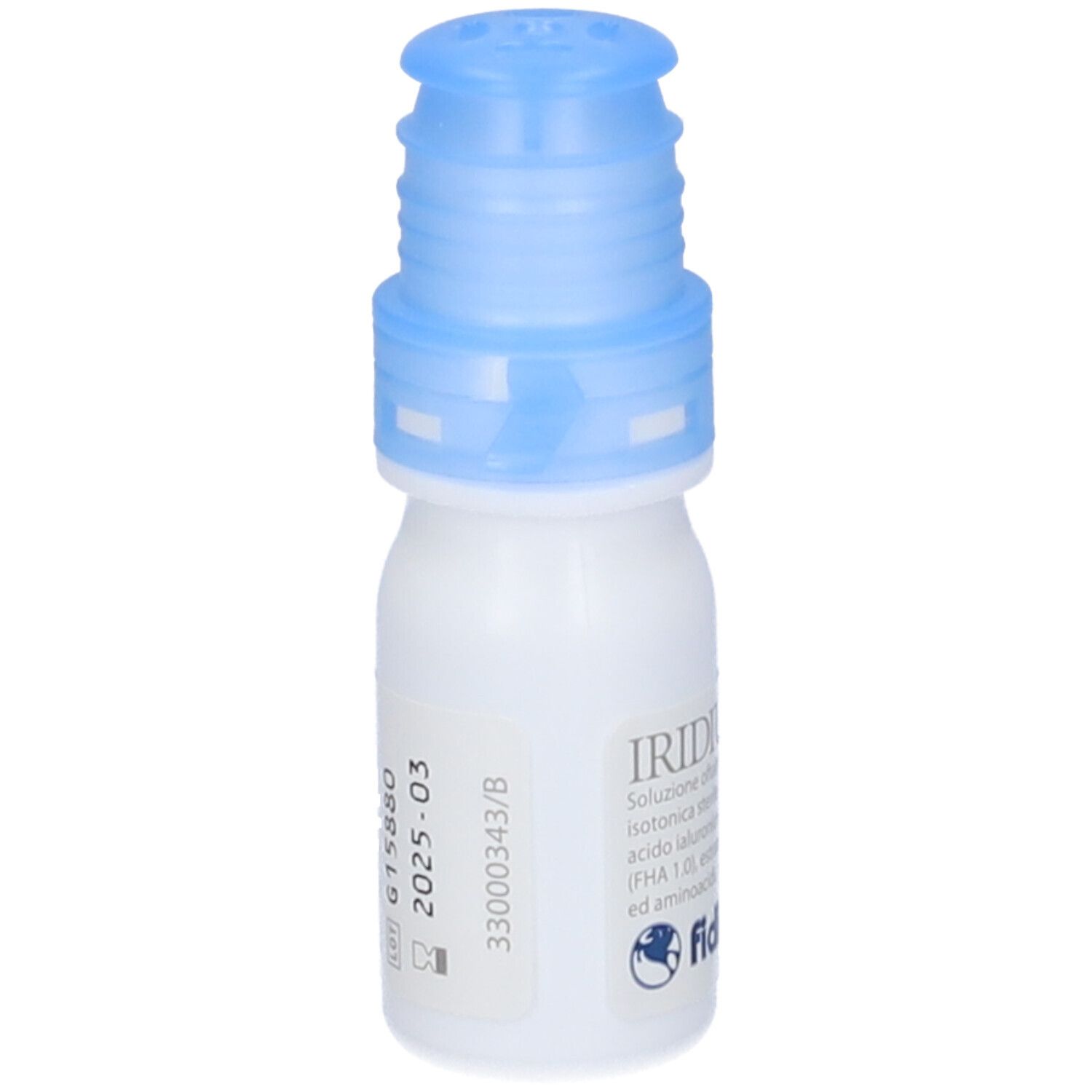 Weiße Flasche mit blauem Verschluss. Beschriftung: IRIDIUM A free. Aufdruck: G15880, 2025-03.