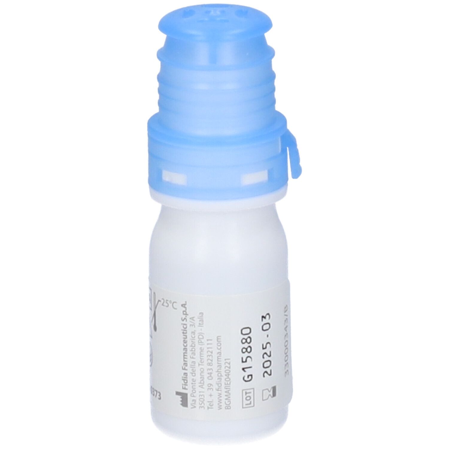 Weiße Flasche mit blauem Verschluss. Beschriftung: IRIDIUM A free. Aufdruck: G15880, 2025-03.