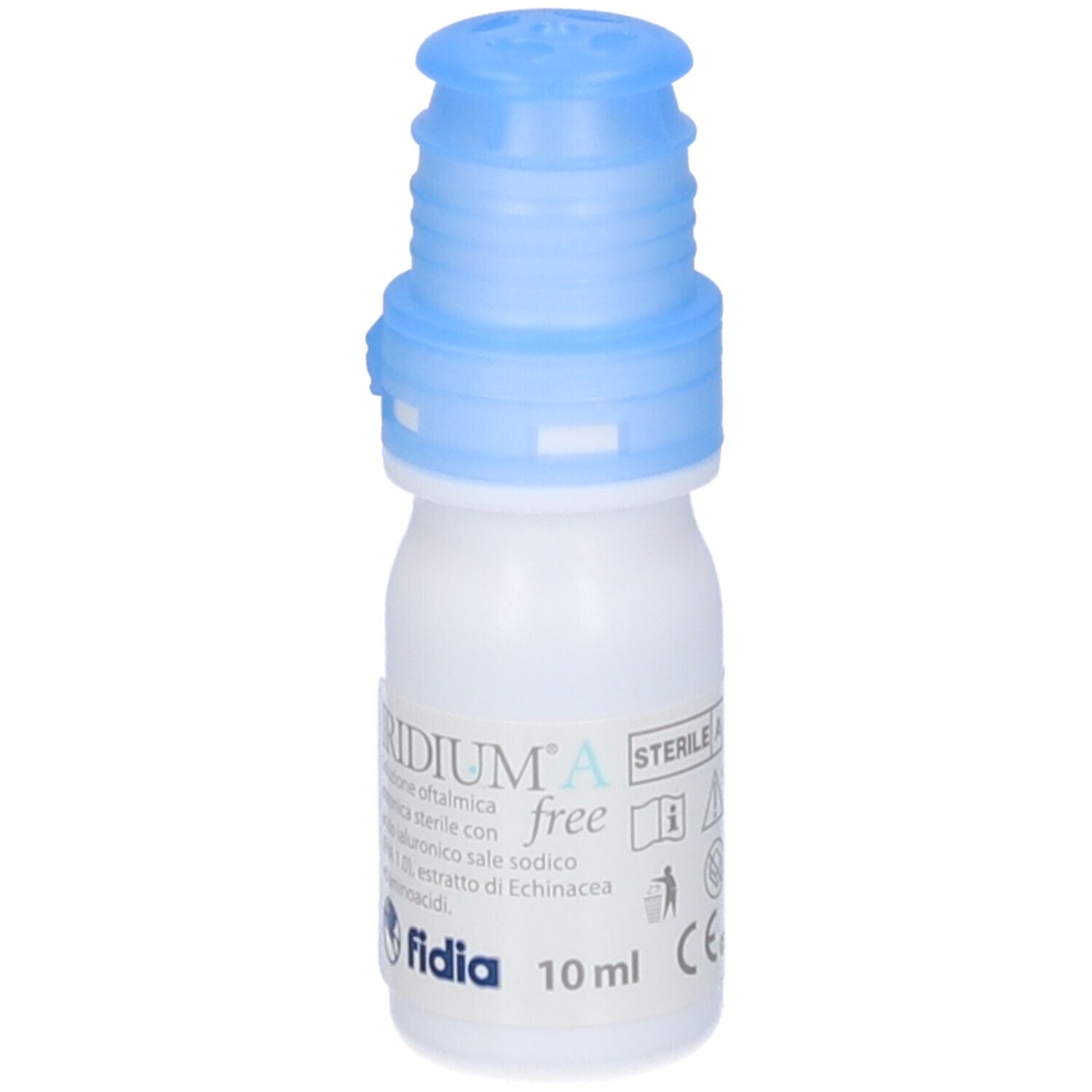 Weiße Flasche mit blauem Verschluss. Beschriftung: IRIDIUM A free, 10 ml. Marke: fidia.