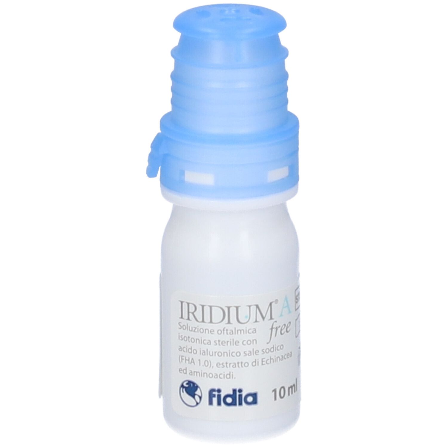 Weiße Flasche mit blauem Verschluss. Beschriftung: IRIDIUM A free, 10 ml. Marke: fidia.