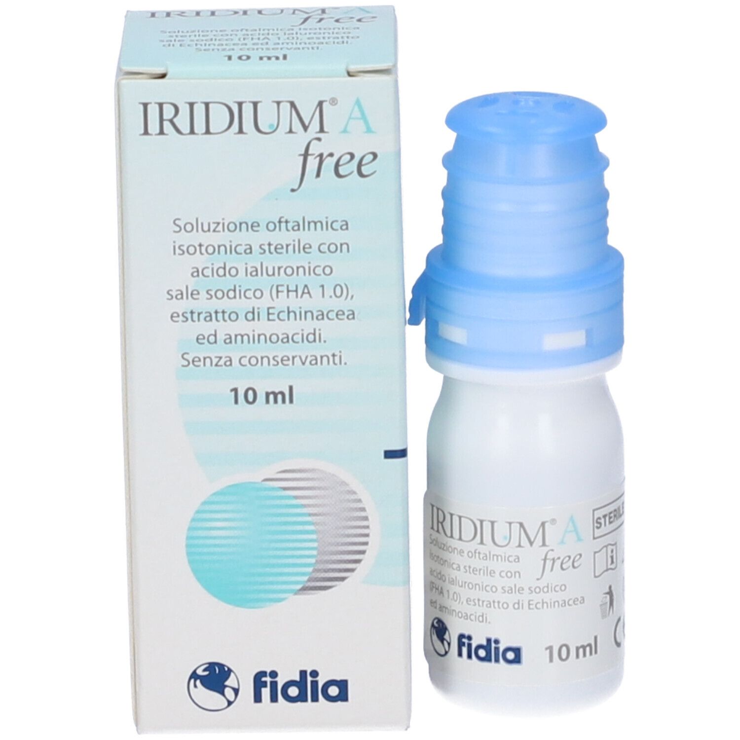 Produktverpackung mit Flasche. Beschriftung: IRIDIUM A free, 10 ml. Marke: fidia.