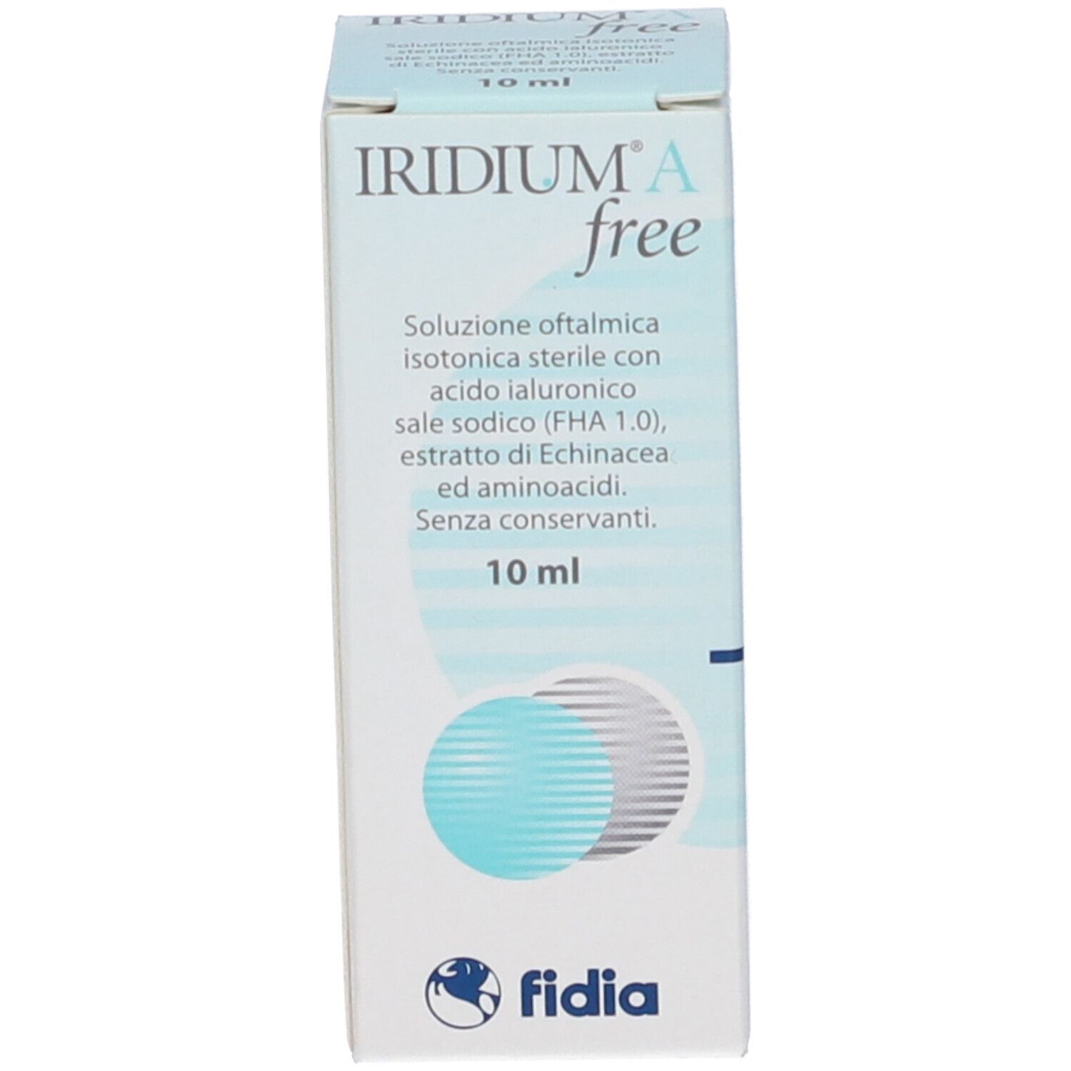 Produktverpackung. Beschriftung: IRIDIUM A free, 10 ml. Marke: fidia.