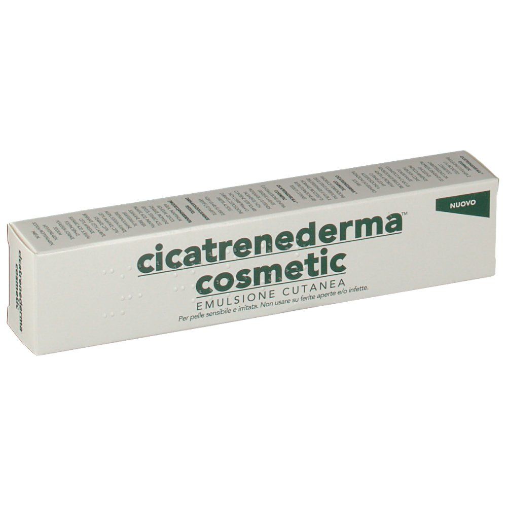 Scatola pieghevole bianca con testo verde. Scritta: Cicatrenederma cosmetic, Emulsione cutanea. Sull'angolo: Nuovo.