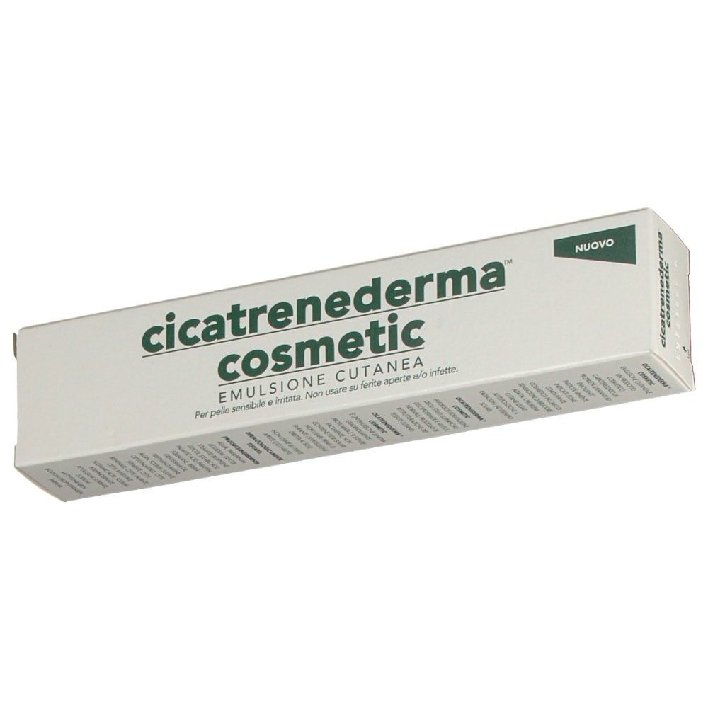 Scatola pieghevole bianca con testo verde. Scritta: Cicatrenederma cosmetic, Emulsione cutanea. Sull'angolo: Nuovo.