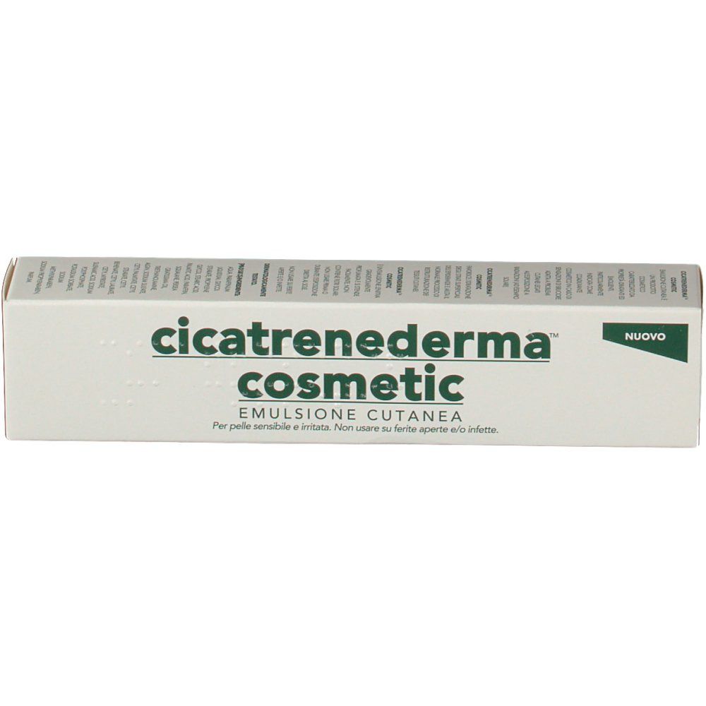 Scatola pieghevole bianca con testo verde. Scritta: Cicatrenederma cosmetic, Emulsione cutanea. Sull'angolo: Nuovo.