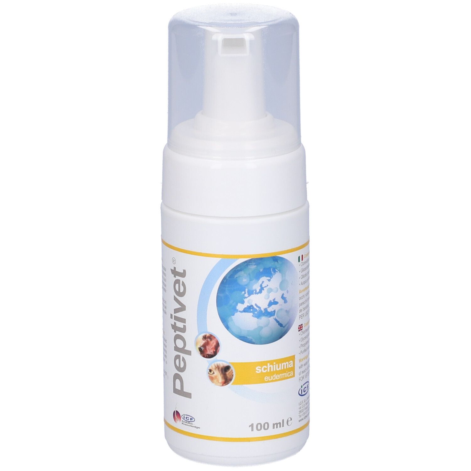 Flacone bianco con erogatore. Scritta Peptivet, Schiuma eudermica. Mappa del mondo e immagini animali. 100 ml.