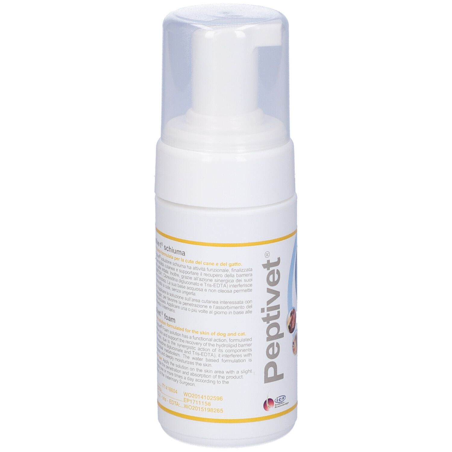 Flacone bianco con erogatore. Scritta Peptivet, Schiuma eudermica. Testo in diverse lingue. 100 ml.