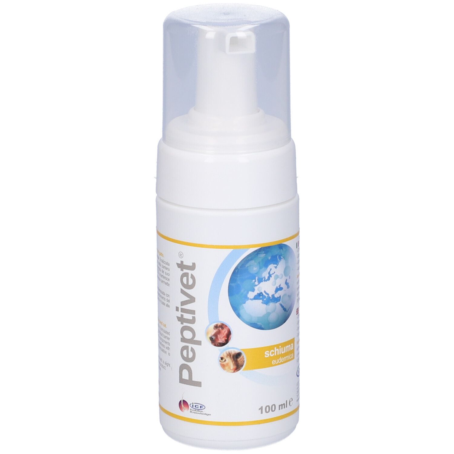 Flacone bianco con erogatore. Scritta Peptivet, Schiuma eudermica. Testo in diverse lingue. 100 ml.