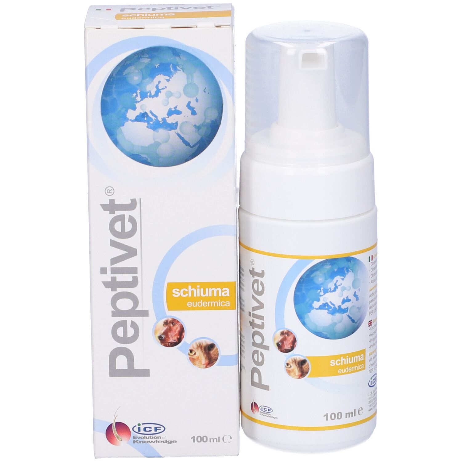 Flacone bianco con erogatore. Scritta Peptivet, Schiuma eudermica. Mappa del mondo e immagini animali. 100 ml.