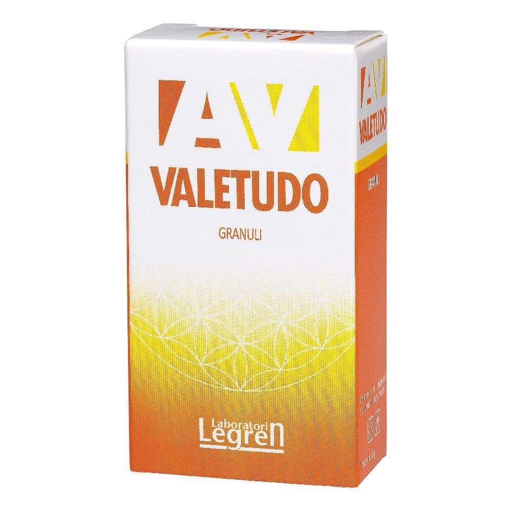 Scatola bianca e arancione con logo AV VALETUDO GRANULI. Logo Laboratori Legren in basso. Confezione del prodotto.