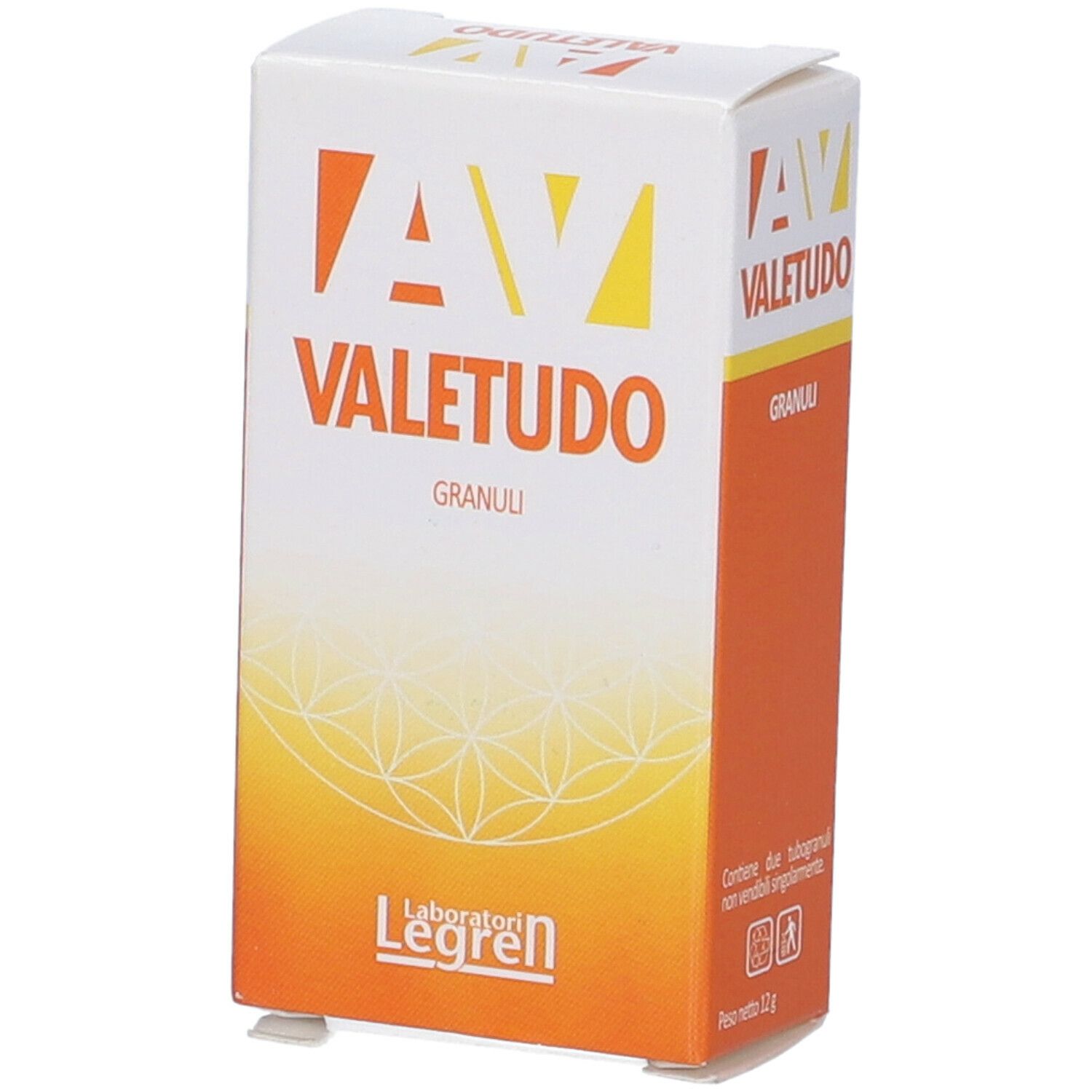 Scatola bianca e arancione con logo AV VALETUDO GRANULI. Logo Laboratori Legren. Peso: 12g. Confezione del prodotto.