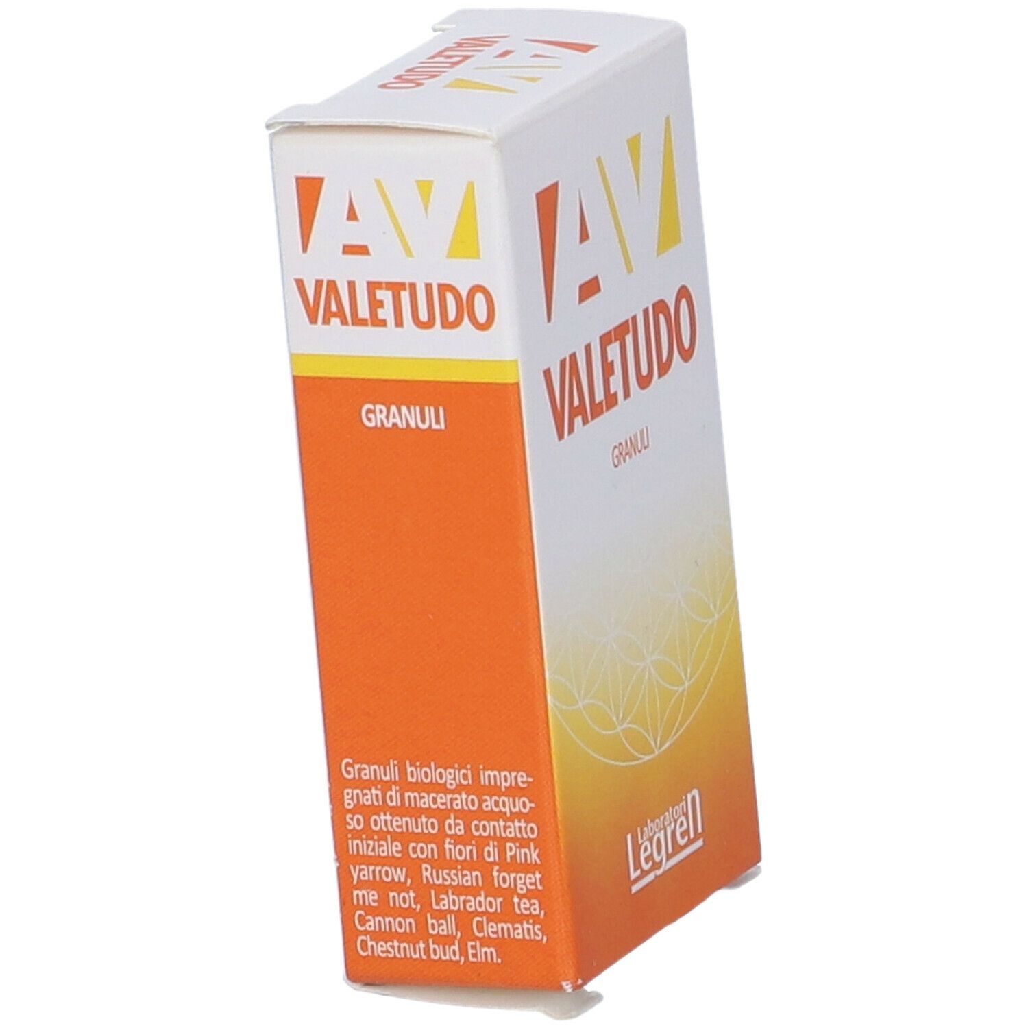 Scatola con AV VALETUDO GRANULI. Elenco ingredienti e informazioni nutrizionali. Logo Laboratori Legren. Confezione.