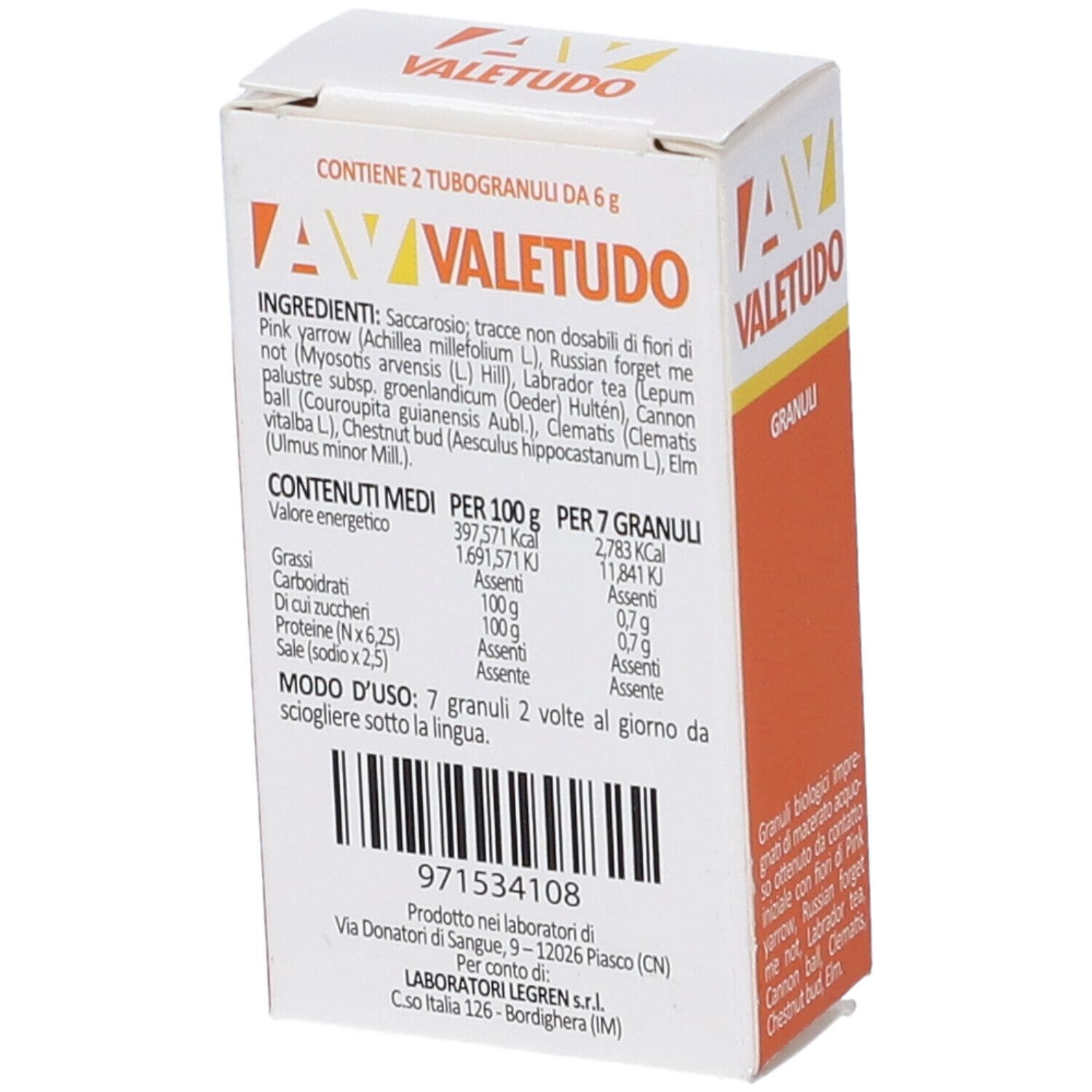 Retro della scatola AV VALETUDO GRANULI. Ingredienti, informazioni nutrizionali, istruzioni per l'uso. Confezione.
