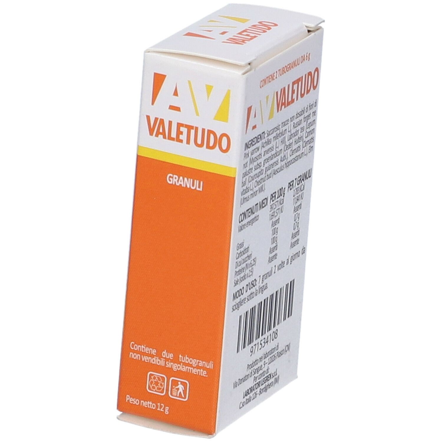 Retro della scatola AV VALETUDO GRANULI. Ingredienti, informazioni nutrizionali, istruzioni per l'uso. Confezione.