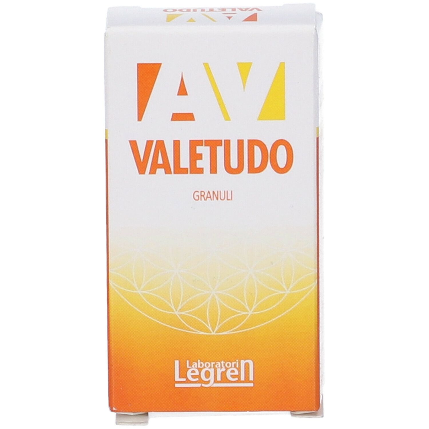 Scatola bianca e arancione con logo AV VALETUDO GRANULI. Logo Laboratori Legren in basso. Confezione del prodotto.