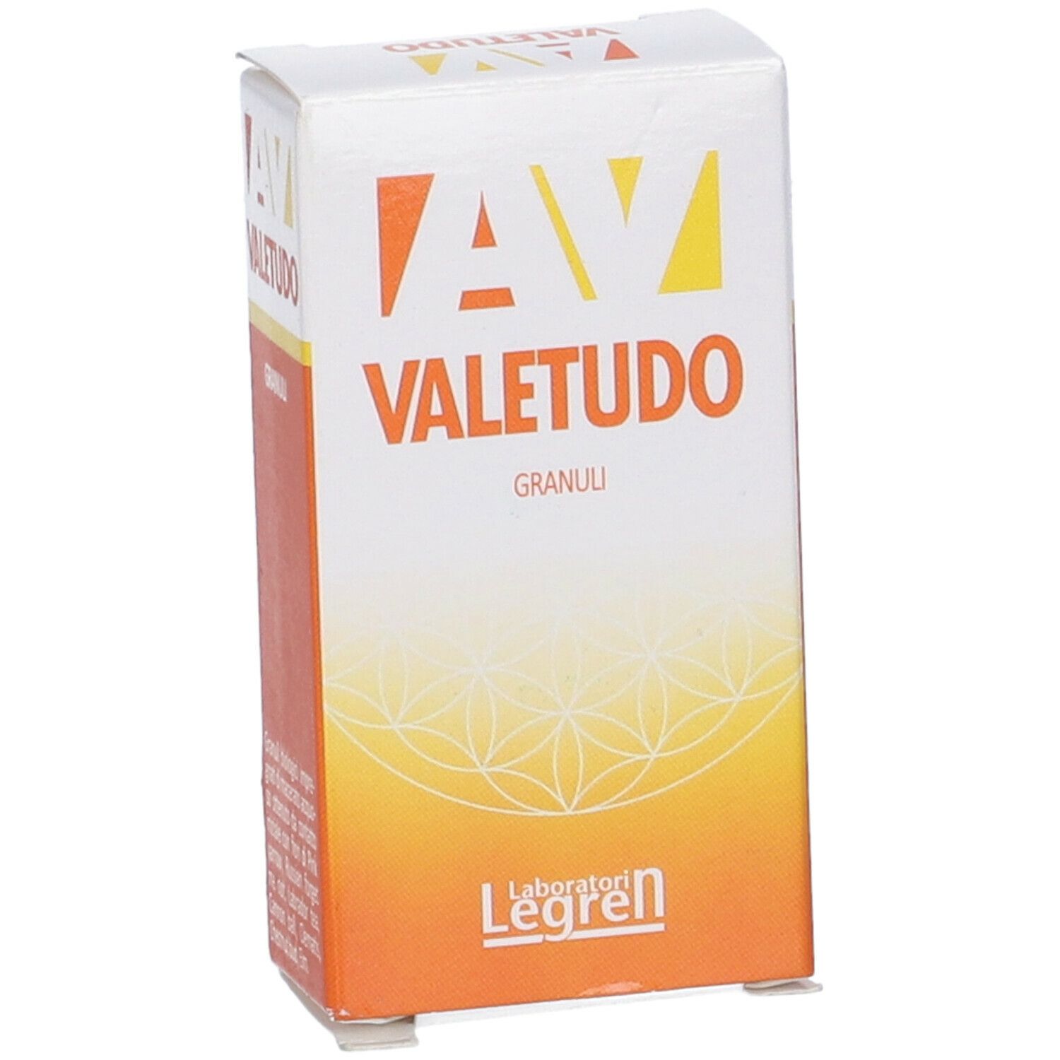 Scatola bianca e arancione con logo AV VALETUDO GRANULI. Logo Laboratori Legren in basso. Confezione del prodotto.