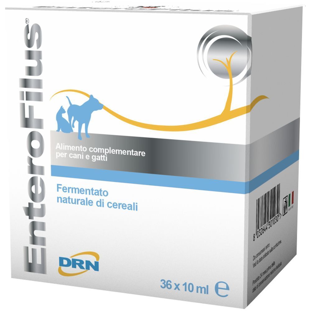 Scatola 'EnteroFilus' per cani e gatti. Contiene 36 flaconi da 10 ml. Marchio DRN.